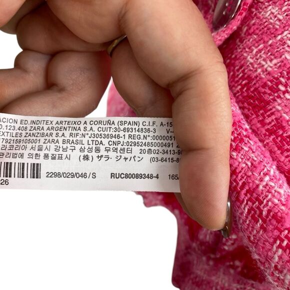 Zara Women’s S Oversized Shirt Jacket Pink Bouclee Plaid Tweed Fringe Hem Barbie - Picture 7 of 10